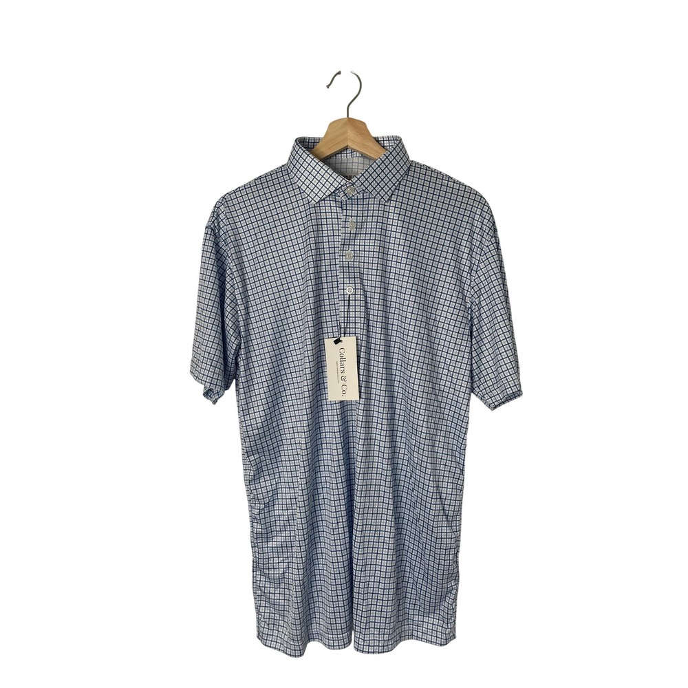 Collars & Co. Dress Collar Polo Mens Large Blue White Check Firm Collar Stretch